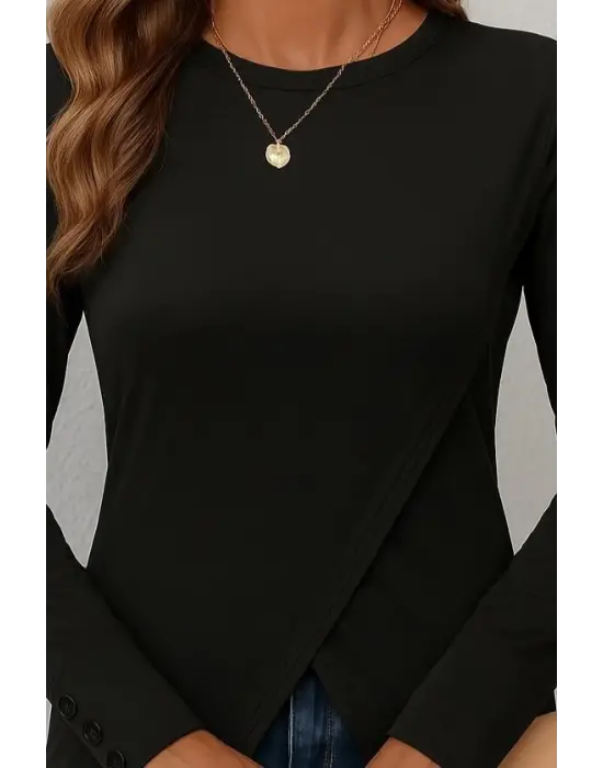 Kadın Uzun Kollu Bisiklet Yaka önden çapraz Kesim Detay Midi Viskon Bluz