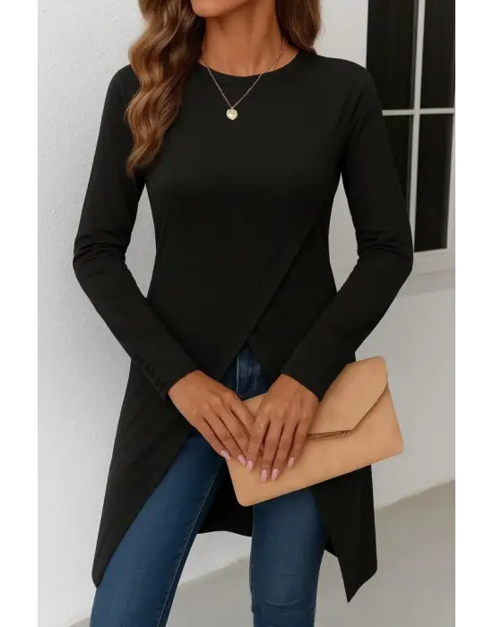 Kadın Uzun Kollu Bisiklet Yaka önden çapraz Kesim Detay Midi Viskon Bluz