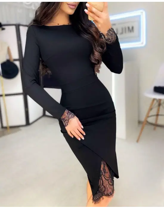 Kadın Uzun Kollu Bisiklet Yaka önden Dantel Ve Yırtmaç Detaylı Dalgıç Elbise