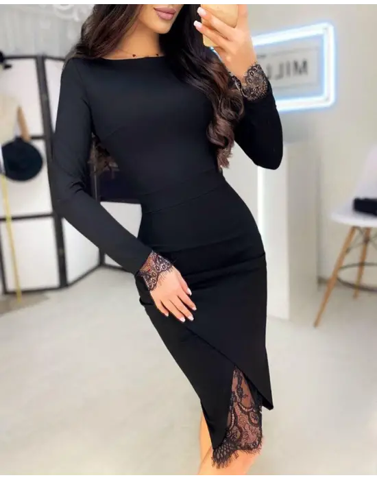 Kadın Uzun Kollu Bisiklet Yaka önden Dantel Ve Yırtmaç Detaylı Dalgıç Elbise