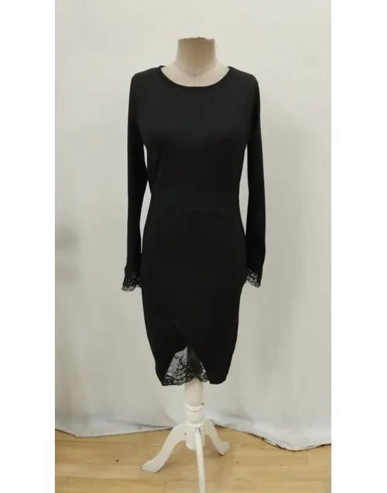 Kadın Uzun Kollu Bisiklet Yaka önden Dantel Ve Yırtmaç Detaylı Dalgıç Elbise