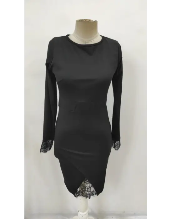 Kadın Uzun Kollu Bisiklet Yaka önden Dantel Ve Yırtmaç Detaylı Dalgıç Elbise