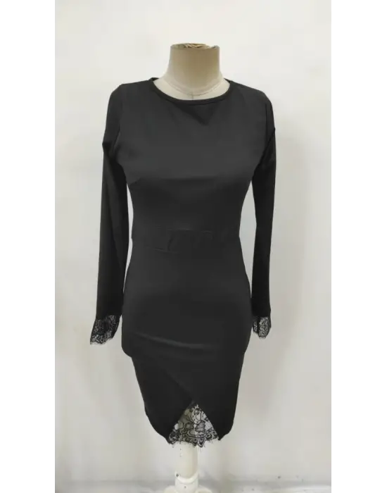 Kadın Uzun Kollu Bisiklet Yaka önden Dantel Ve Yırtmaç Detaylı Dalgıç Elbise