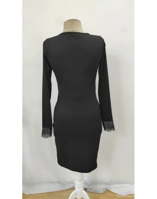 Kadın Uzun Kollu Bisiklet Yaka önden Dantel Ve Yırtmaç Detaylı Dalgıç Elbise