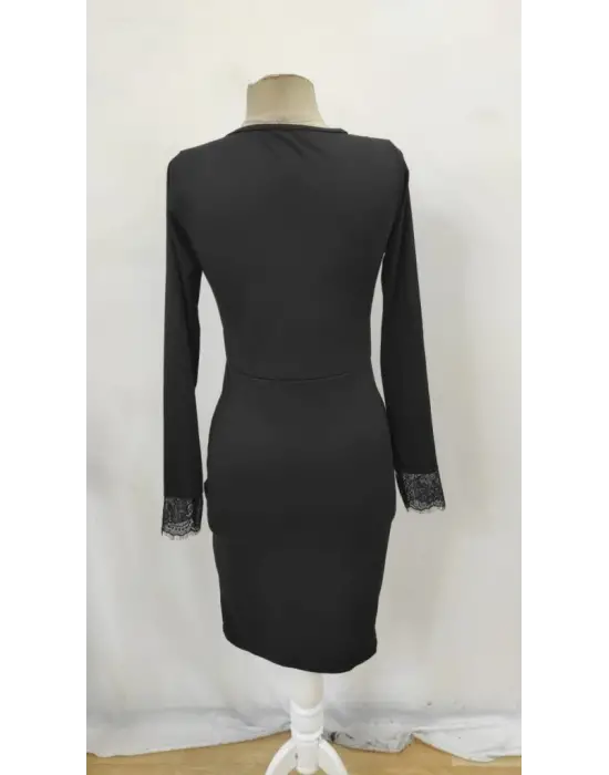 Kadın Uzun Kollu Bisiklet Yaka önden Dantel Ve Yırtmaç Detaylı Dalgıç Elbise