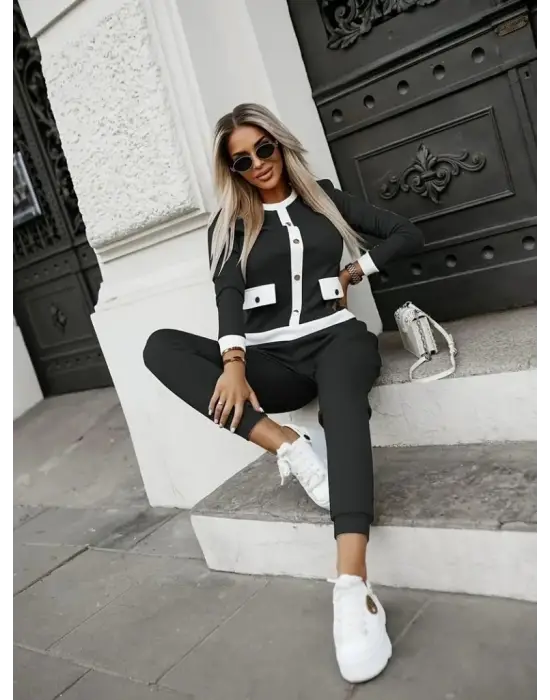 Kadın Uzun Kollu Bisiklet Yaka önden Düğmeli şardonlu Kaşkorse Bluz Ve Pantolon Ikili Takım