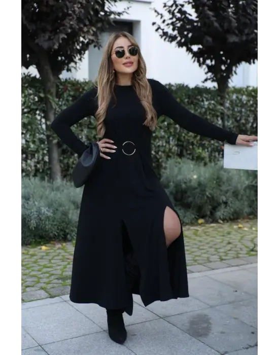 Şık Kadın Bisiklet Yaka Detaylı Viskon Elbise