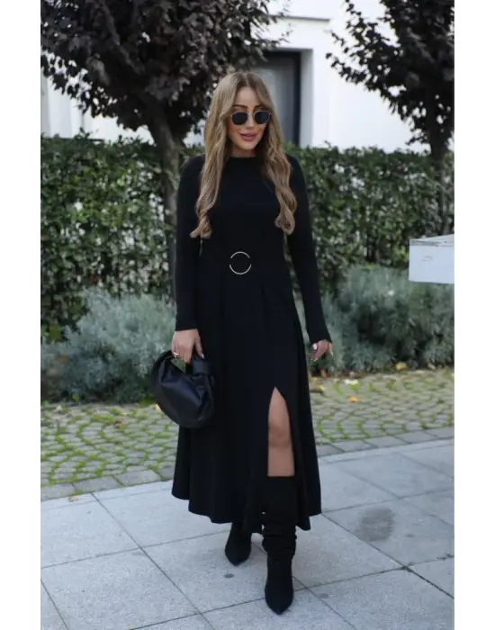 Şık Kadın Bisiklet Yaka Detaylı Viskon Elbise