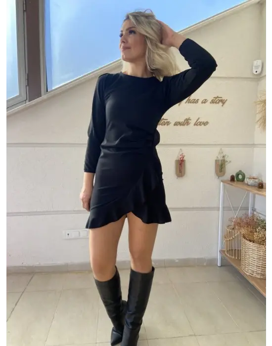 Kadın Uzun Kollu Bisiklet Yaka önden Volanlı Ithal Krep Elbise