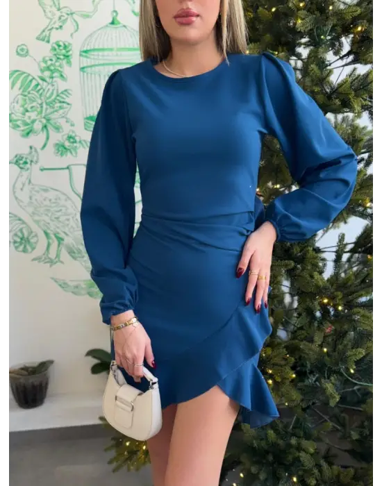 Kadın Uzun Kollu Bisiklet Yaka önden Volanlı Ithal Krep Elbise
