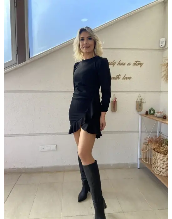 Kadın Uzun Kollu Bisiklet Yaka önden Volanlı Ithal Krep Elbise