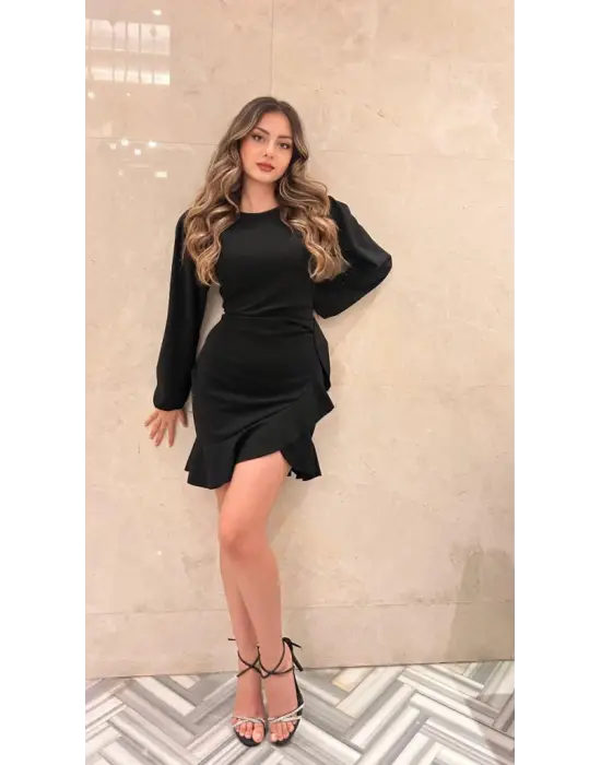 Kadın Uzun Kollu Bisiklet Yaka önden Volanlı Ithal Krep Elbise