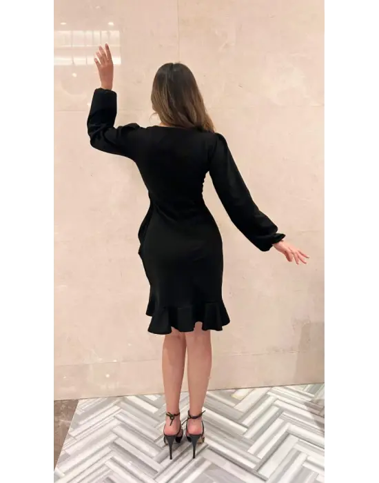 Kadın Uzun Kollu Bisiklet Yaka önden Volanlı Ithal Krep Elbise