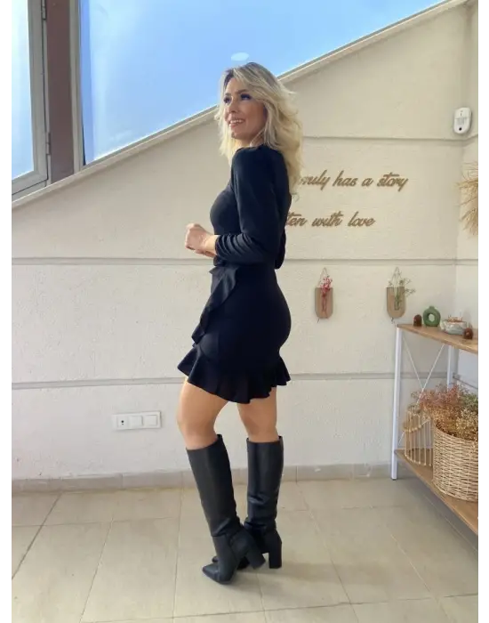 Kadın Uzun Kollu Bisiklet Yaka önden Volanlı Ithal Krep Elbise