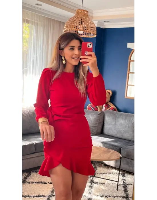 Kadın Uzun Kollu Bisiklet Yaka önden Volanlı Ithal Krep Elbise