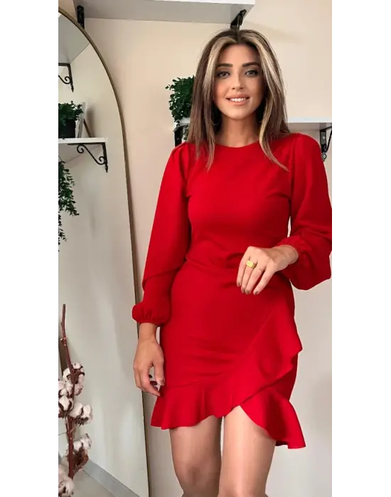 Kadın Uzun Kollu Bisiklet Yaka önden Volanlı Ithal Krep Elbise