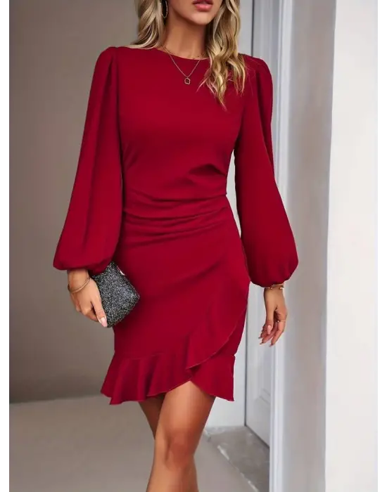Kadın Uzun Kollu Bisiklet Yaka önden Volanlı Ithal Krep Elbise