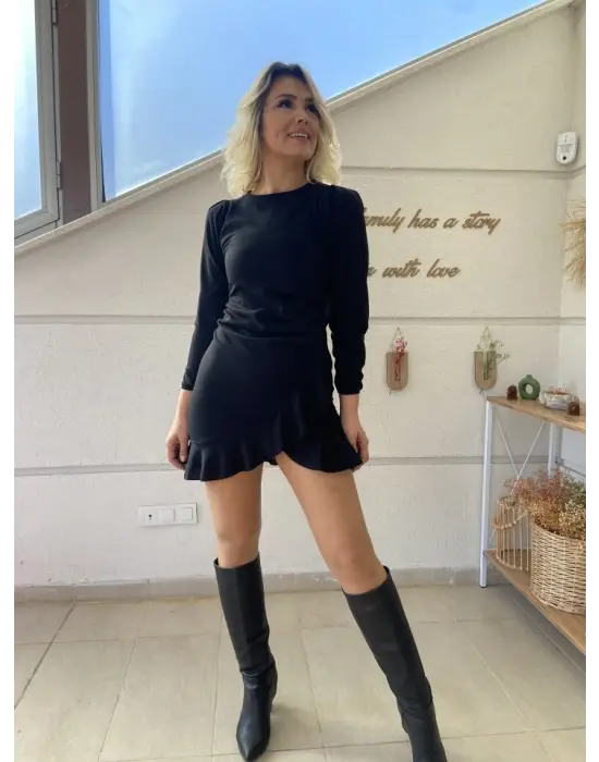 Kadın Uzun Kollu Bisiklet Yaka önden Volanlı Ithal Krep Elbise