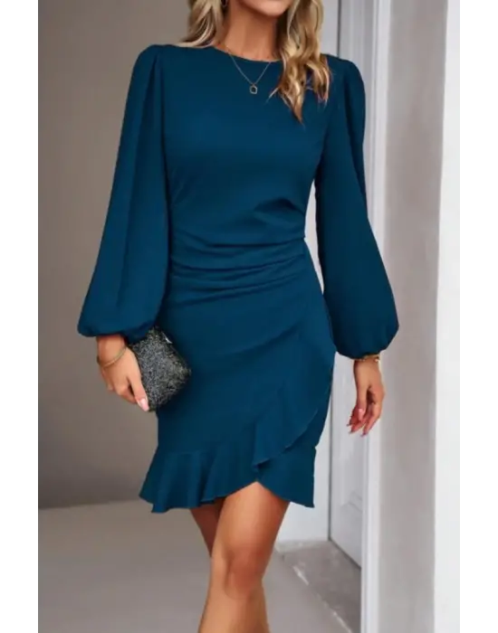 Kadın Uzun Kollu Bisiklet Yaka önden Volanlı Ithal Krep Elbise