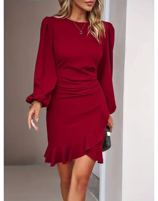 Kadın Uzun Kollu Bisiklet Yaka önden Volanlı Ithal Krep Elbise