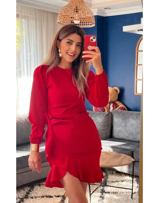Kadın Uzun Kollu Bisiklet Yaka önden Volanlı Ithal Krep Elbise