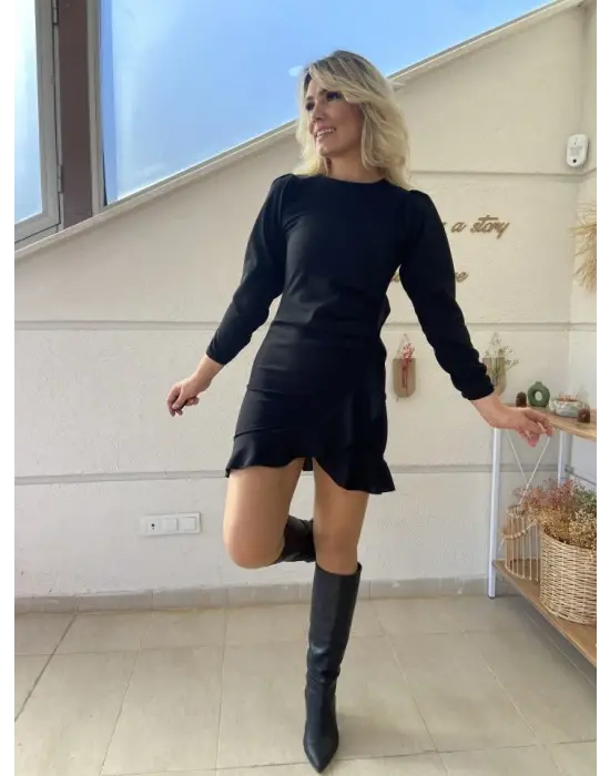 Kadın Uzun Kollu Bisiklet Yaka önden Volanlı Ithal Krep Elbise