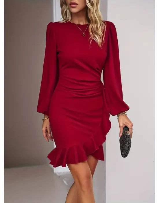 Kadın Uzun Kollu Bisiklet Yaka önden Volanlı Ithal Krep Elbise