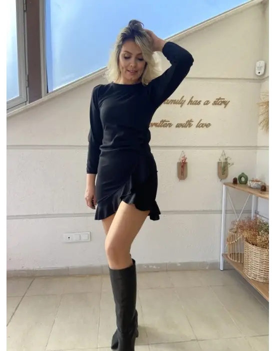 Kadın Uzun Kollu Bisiklet Yaka önden Volanlı Ithal Krep Elbise