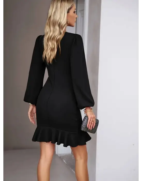 Kadın Uzun Kollu Bisiklet Yaka önden Volanlı Ithal Krep Elbise