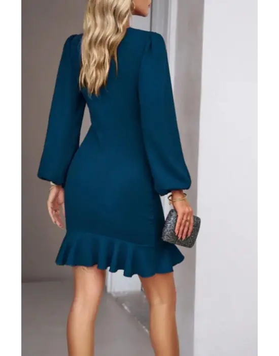 Kadın Uzun Kollu Bisiklet Yaka önden Volanlı Ithal Krep Elbise