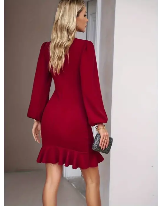 Kadın Uzun Kollu Bisiklet Yaka önden Volanlı Ithal Krep Elbise