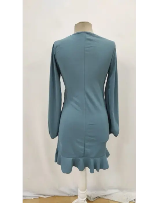 Kadın Uzun Kollu Bisiklet Yaka önden Volanlı Ithal Krep Elbise