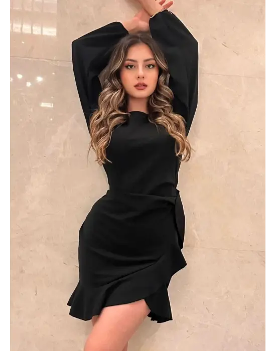 Kadın Uzun Kollu Bisiklet Yaka önden Volanlı Ithal Krep Elbise