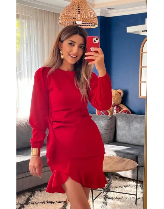 Kadın Uzun Kollu Bisiklet Yaka önden Volanlı Ithal Krep Elbise