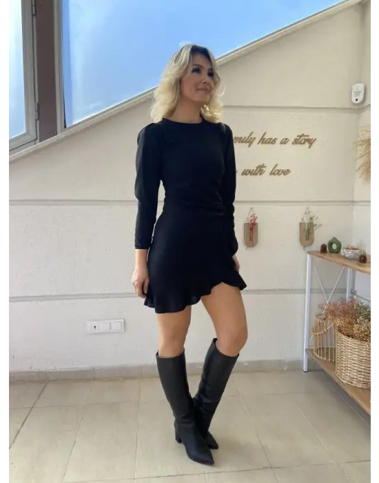 Kadın Uzun Kollu Bisiklet Yaka önden Volanlı Ithal Krep Elbise