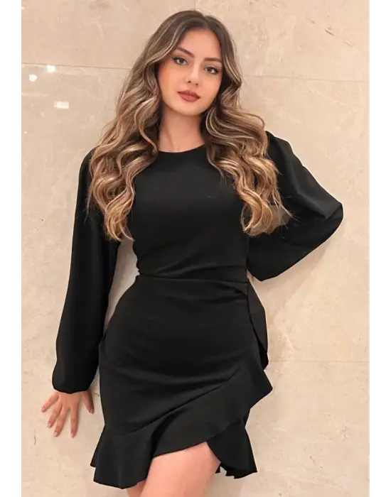 Kadın Uzun Kollu Bisiklet Yaka önden Volanlı Ithal Krep Elbise