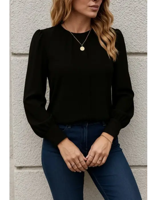 Kadın Uzun Kollu Bisiklet Yaka Pileli Ithal Krep Bluz