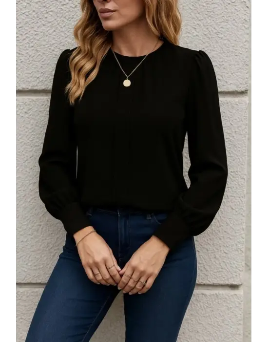 Kadın Uzun Kollu Bisiklet Yaka Pileli Ithal Krep Bluz