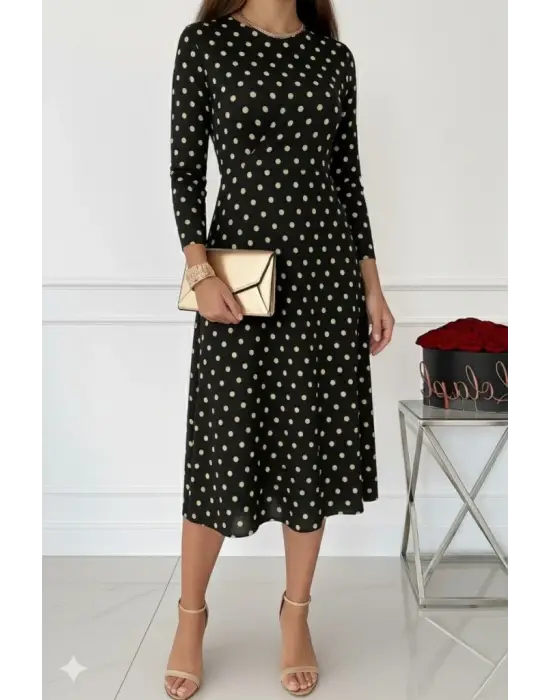 Kadın Uzun Kollu Bisiklet Yaka Puantiyeli örme Krep Midi Elbise