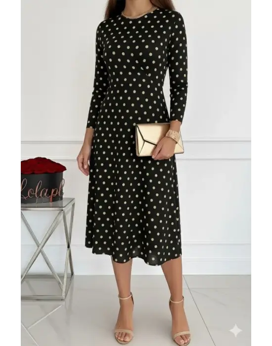 Kadın Uzun Kollu Bisiklet Yaka Puantiyeli örme Krep Midi Elbise