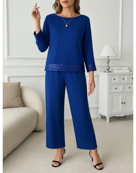 Kadın Uzun Kollu Bisiklet Yaka Pulpayetli Viskon Iki Iplik Bluz Ve Pantolon Ikili Takım
