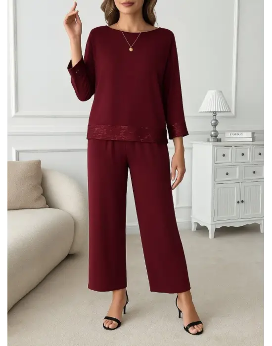 Kadın Uzun Kollu Bisiklet Yaka Pulpayetli Viskon Iki Iplik Bluz Ve Pantolon Ikili Takım