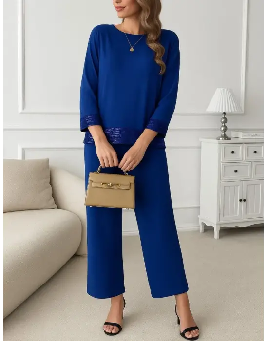 Kadın Uzun Kollu Bisiklet Yaka Pulpayetli Viskon Iki Iplik Bluz Ve Pantolon Ikili Takım