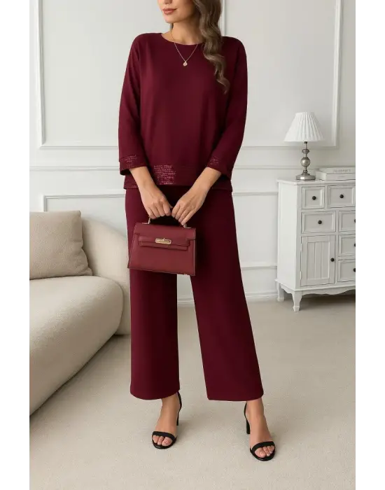Kadın Uzun Kollu Bisiklet Yaka Pulpayetli Viskon Iki Iplik Bluz Ve Pantolon Ikili Takım