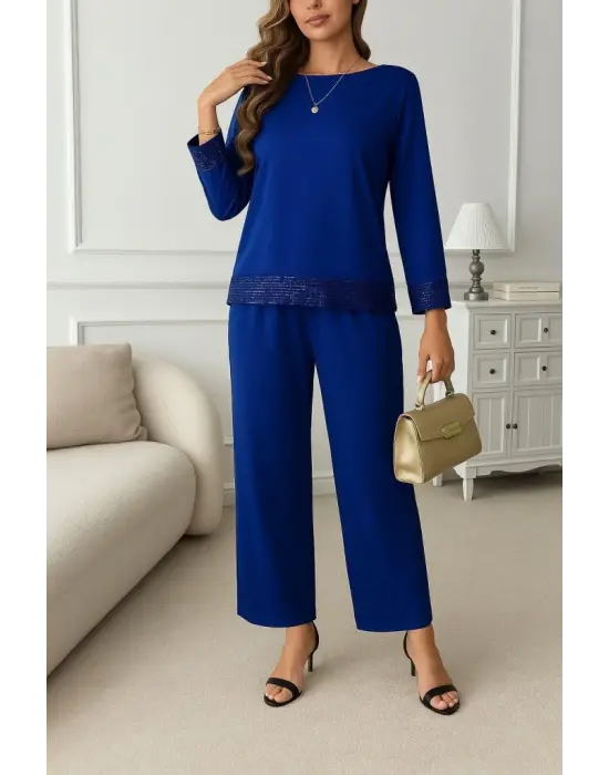 Kadın Uzun Kollu Bisiklet Yaka Pulpayetli Viskon Iki Iplik Bluz Ve Pantolon Ikili Takım