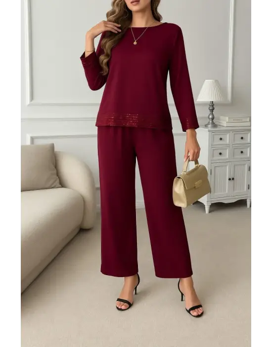 Kadın Uzun Kollu Bisiklet Yaka Pulpayetli Viskon Iki Iplik Bluz Ve Pantolon Ikili Takım