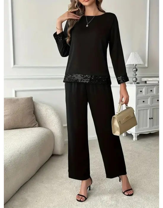 Kadın Uzun Kollu Bisiklet Yaka Pulpayetli Viskon Iki Iplik Bluz Ve Pantolon Ikili Takım