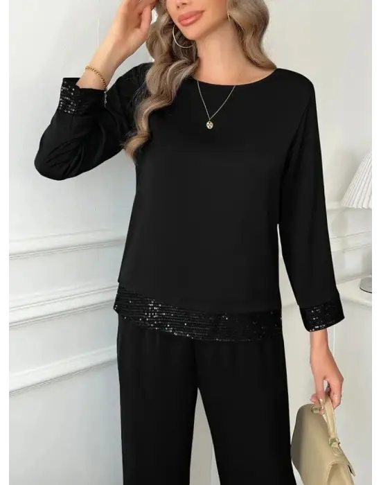 Kadın Uzun Kollu Bisiklet Yaka Pulpayetli Viskon Iki Iplik Bluz Ve Pantolon Ikili Takım