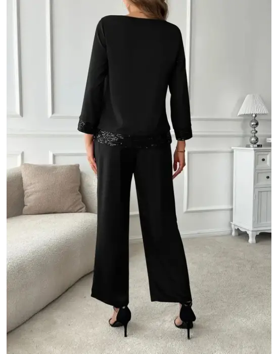 Kadın Uzun Kollu Bisiklet Yaka Pulpayetli Viskon Iki Iplik Bluz Ve Pantolon Ikili Takım