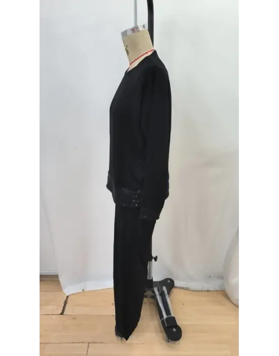 Kadın Uzun Kollu Bisiklet Yaka Pulpayetli Viskon Iki Iplik Bluz Ve Pantolon Ikili Takım